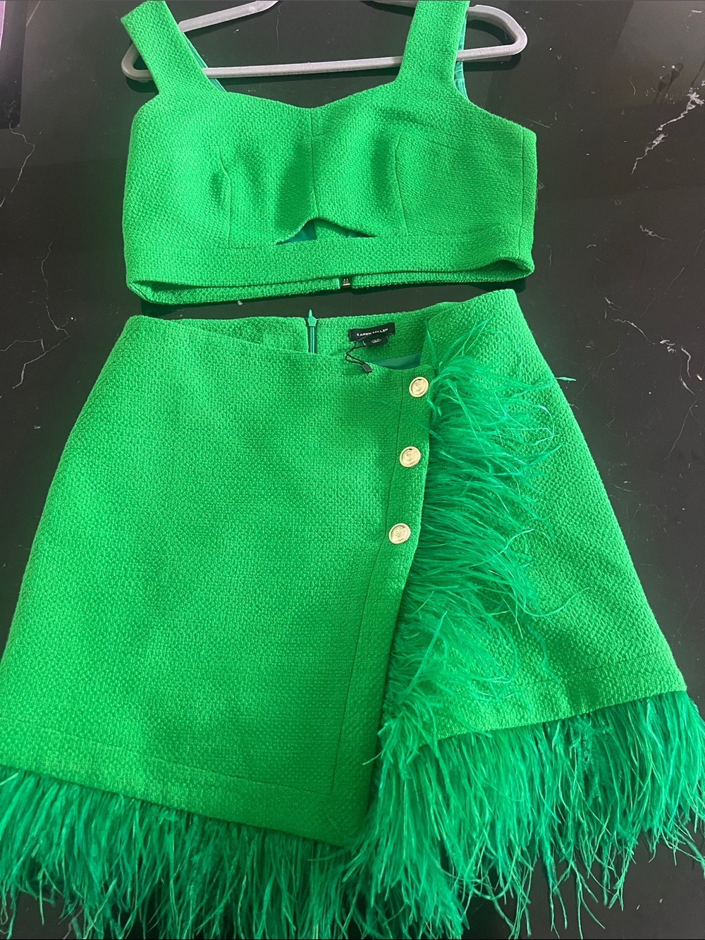 Karen Millen Emerald Green Feather-Trim Skirt Set
